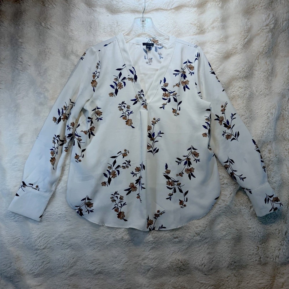 Ann Taylor Womens Floral V-Neck Blouse White Navy Tan Long Sleeve Top‎ Size S